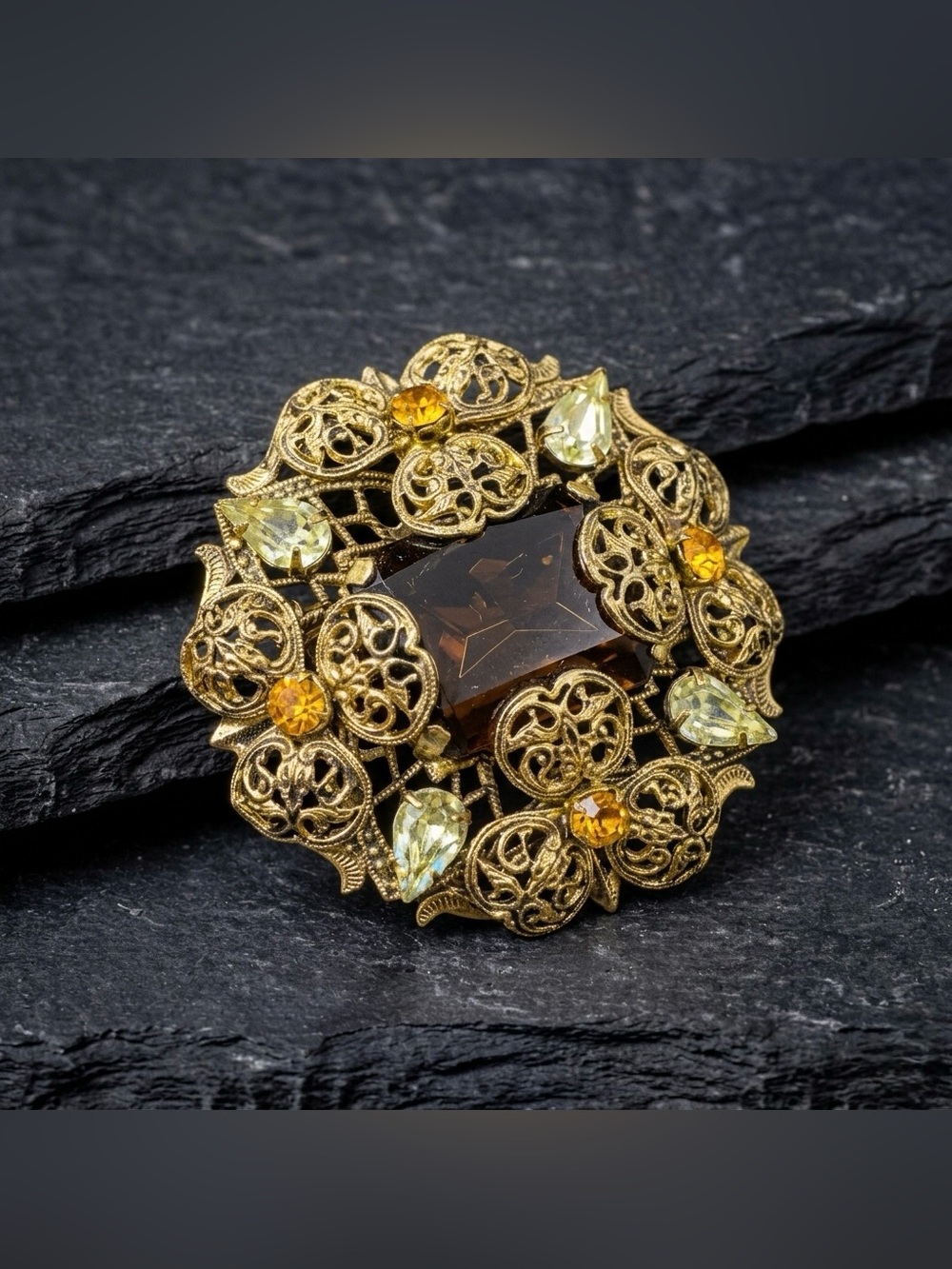 Vintage 50s West Germany Root Beer Glass Baroque Topaz Filigree Gold Tone Brooch